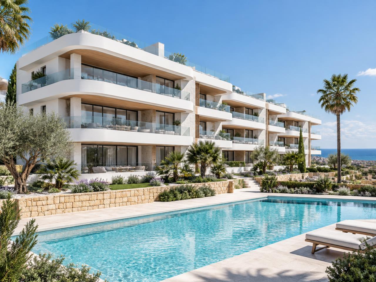 Example image: new-build apartments with terraces and a shared pool